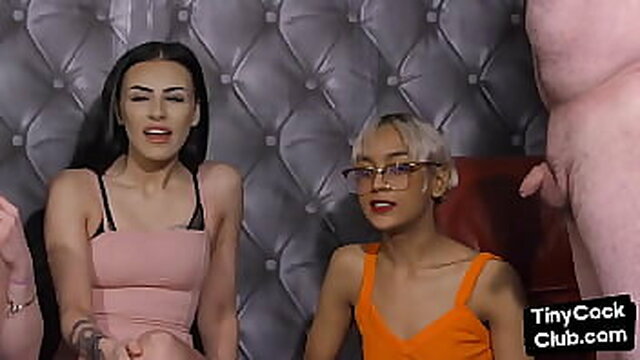 Smallpenisharsh gets humiliated by femdom babes in CFNM group sex session