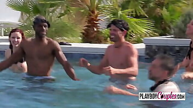 Couples explore their sexuality in the pool with oral and group play