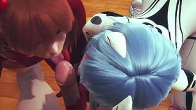 Evangelion Hentai 3D threesome Shinji, Asuka and Rei are in the room they suck cock until he cum in her mouth, then he eats their pussy fucks them
