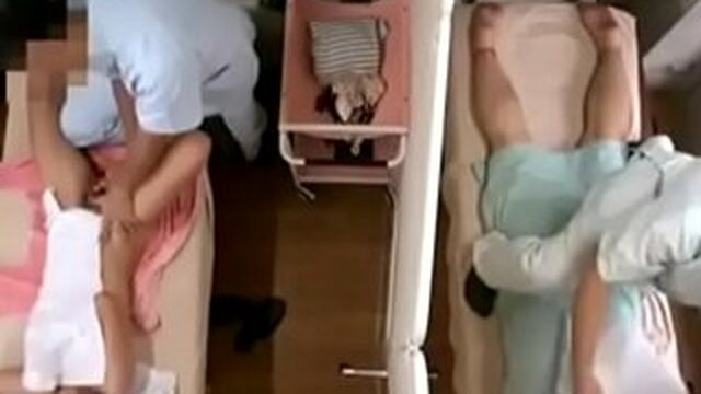 Japanese cheating horny wife during sex on massage next to husband