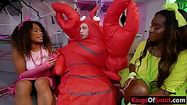 Black stepmom and her stepdaughter have a hot Halloween threesome