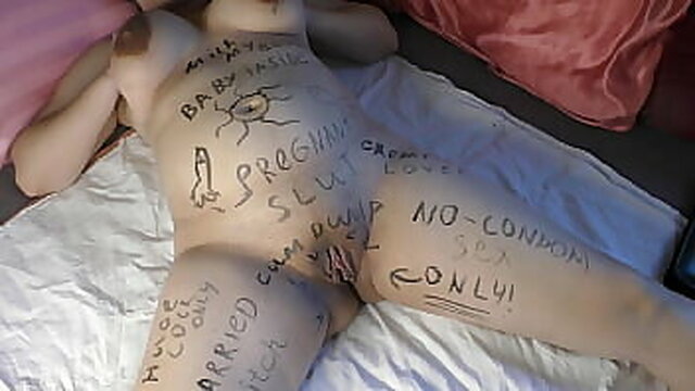 Big ass and shaved pussy pregnant girl Milky Mari gets covered in dirty body writings
