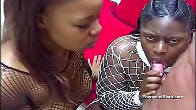 Two ebony amateurs get their faces fucked and cum on in this rough threesome