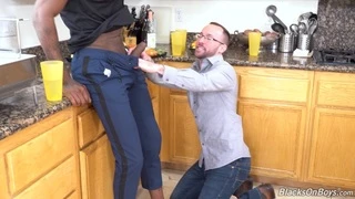 Interracial gay fucking in the kitchen with a cum loving white man